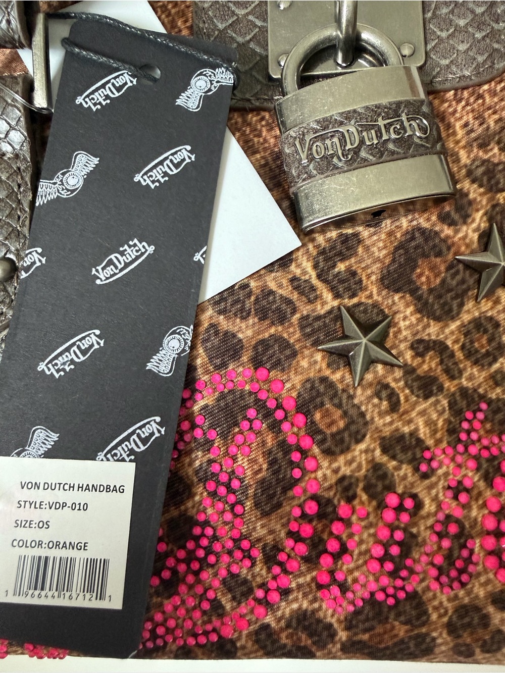 Von Dutch Leopard Print Satchel bag with Pink rhinestone logo stud detail - Picture 5 of 9